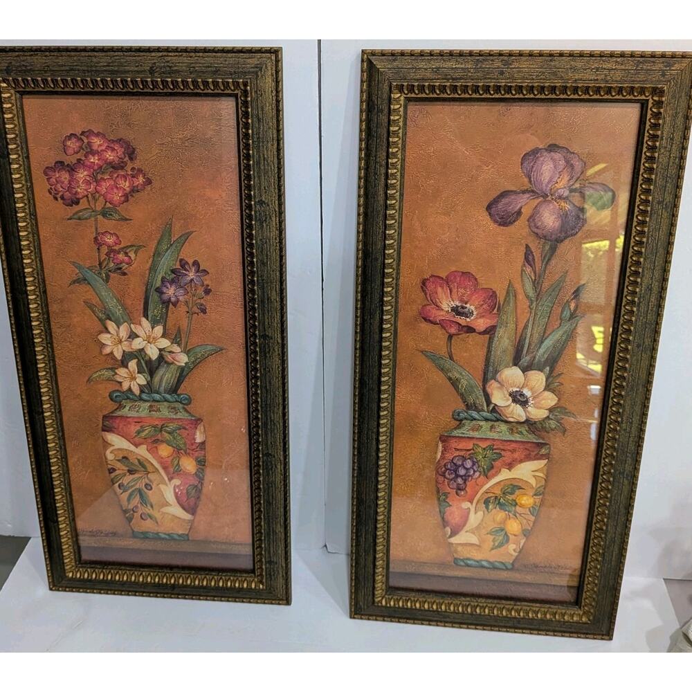 "Firenze Iris" Pamela Gladding Framed Floral Still Life Painting Set Of 2 Signed